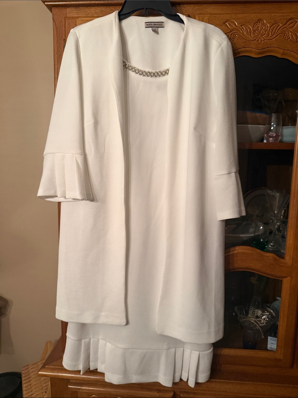 Nina Leonard White Two-Piece Tunic Dress Set with Ruffle Trim